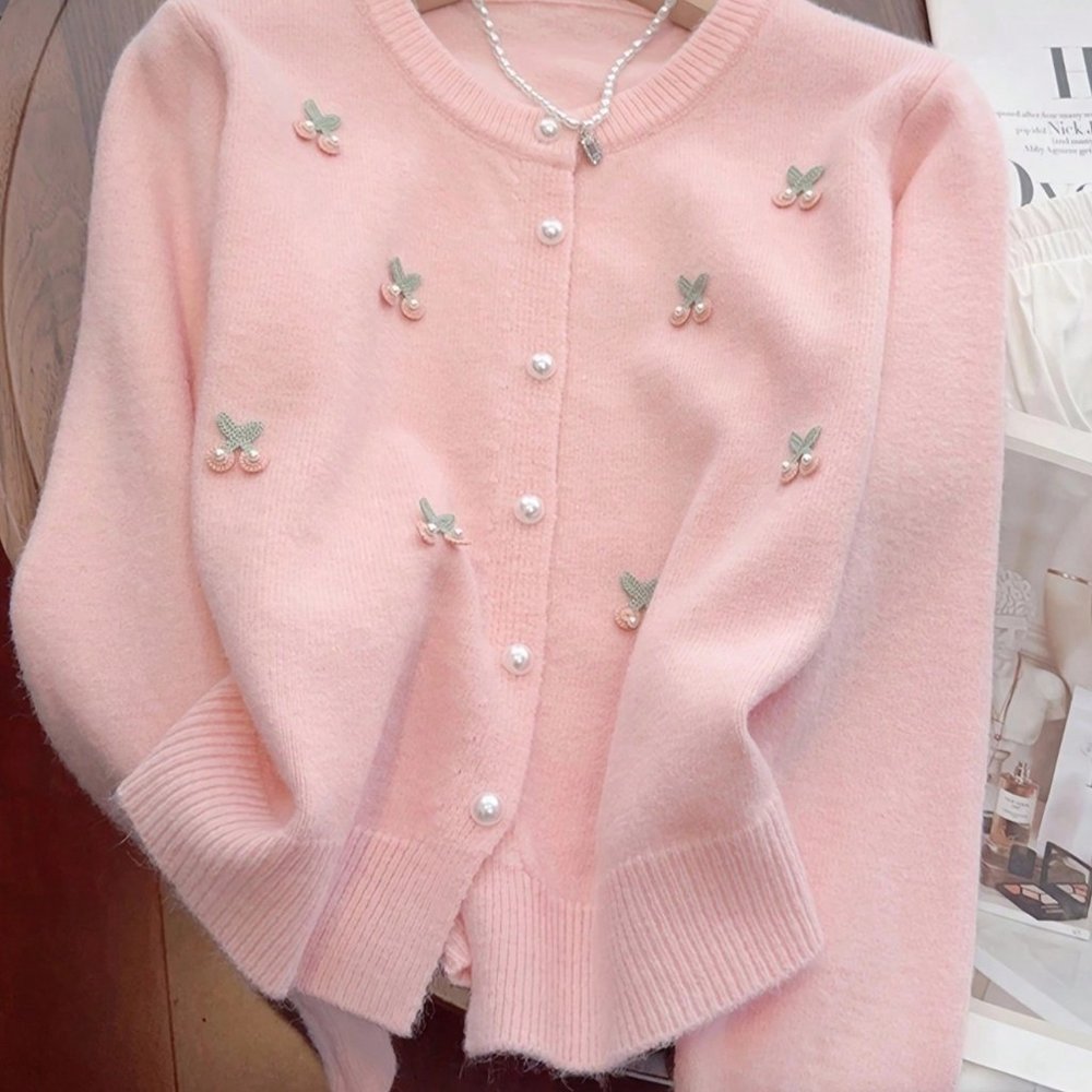 Blush Meadow Embroidered Faux Pearl Cherry Sweater Cardigan - Picture 3 of 5